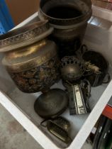 A box containing 2 brass urns, plated items etc