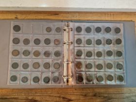 A folder of English coins; farthings, halfpennies, quarter pennies, early 1800s onwards.