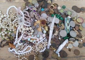 A box of assorted costume jewellery and coins including a rodium plated ladies watch, half crowns