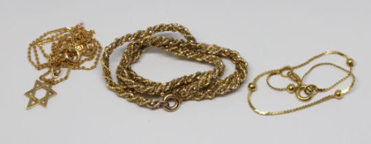 9ct gold comprising a star pendant on chain, a rope twist necklace and a bead and a link bracelet,