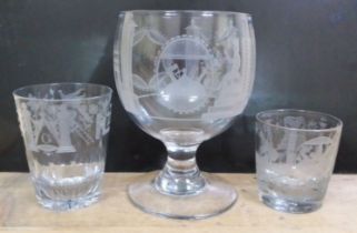 Three pieces of 19th century Masonic etched glass comprising a pedestal glass and two tumblers.