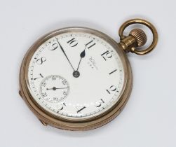 A hallmarked 9ct gold Waltham open faced pocket watch, case diameter 48mm, gross weight 84.8g.