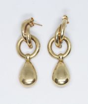 A pair of drop earrings, marked '375', length 40mm, weight 7.2g.