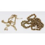 Two 9ct gold chains, one elongated oblong link and the other rope twist, both with import marks,