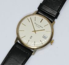 A 9ct gold Mappin & Webb quartz wristwatch, case diameter 34mm, leather strap.