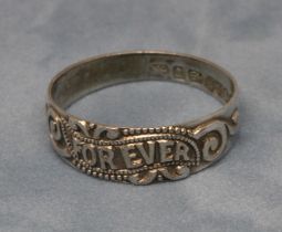 A Victorian silver "FOREVER" ring, sponsor 'JT&S', Birmingham 1891, size Q, with associated box.