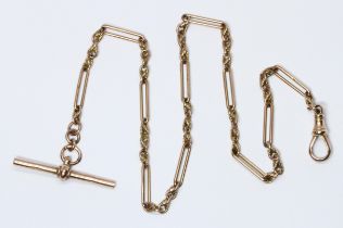 A trombone link Albertina chain with T bar and dog clip clasp, marked '9ct', length 34cm, weight