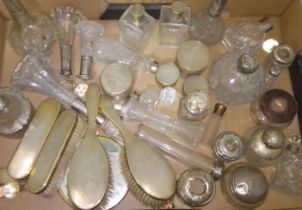 A box of assorted hallmarked silver mounted dressing table wares including cut glass bottles and