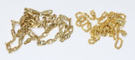 Two 9ct gold chains, length 49cm & 6cm, weight 11.6g.