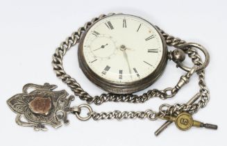 A 19th century hallmarked silver pocket watch and Albert chain, gross weight 165.7g.