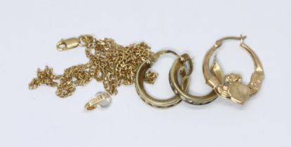 A mixed lot comprising a chain and pendant marked '585' weight 3.9g, a claddagh earring and a pair