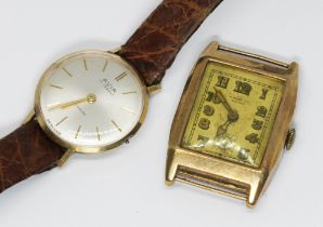 Two hallmarked 9ct gold watches: a ladies Avia with leather strap and one signed 'H. WOLF'.