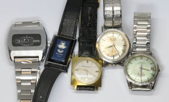 A group of five assorted watches comprising a Buler Super-Nova a Sicura digital jump, a Baume des