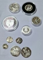 A group of assorted silver coins comprising 5 x hammered & 5 proof coins.