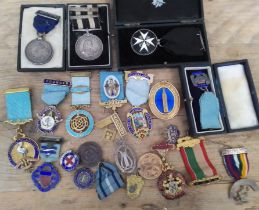 Five assorted hallmarked silver masonic medallions and various other medals and badges including