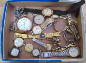 A tray of assorted watches including a Thomas Russell gold plated pocket watch etc.