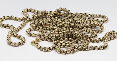 A faceted rolo link guard or muff chain, marked '9c', length 156cm, weight 46.9g. Condition - good