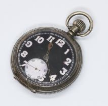 A hallmarked silver pocket watch with military style black dial, diameter 50mm.