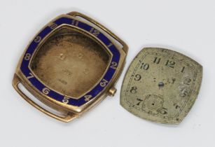 A hallmarked 9ct gold Art Deco style watch case with dial, the case weight 12.4g.