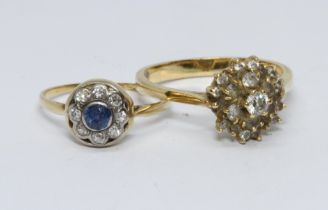 Two rings: An antique diamond and sapphire cluster ring, marked '18ct', weight 1.5g, and a