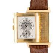 A FINE GENTLEMAN'S SIZE 18K SOLID GOLD JAEGER LECOULTRE REVERSO DUOFACE NIGHT & DAY DUAL TIME