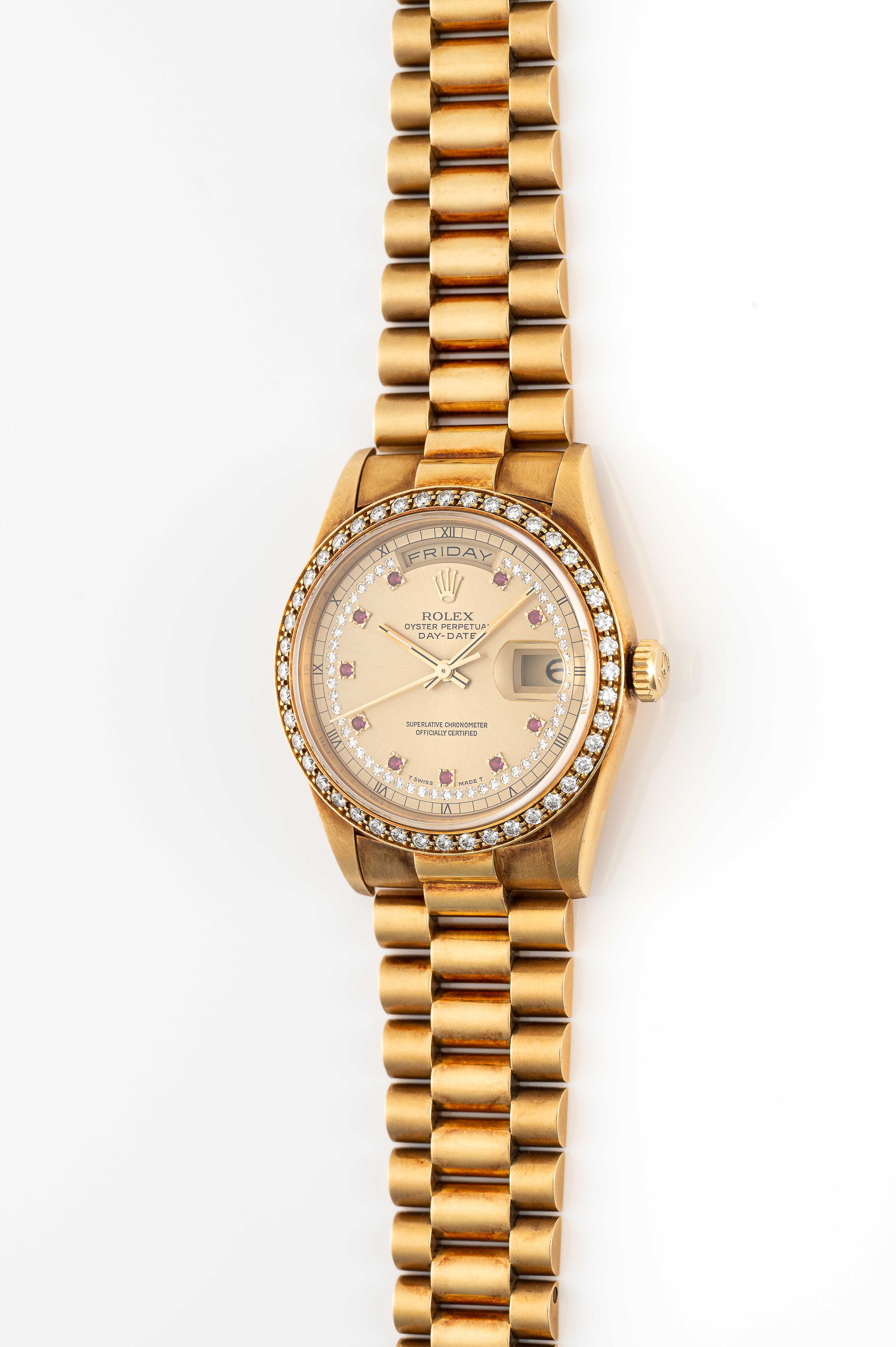 A FINE & RARE GENTLEMAN'S SIZE 18K SOLID GOLD, DIAMOND & RUBY ROLEX OYSTER PERPETUAL DAY DATE - Image 3 of 4