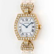 A FINE & RARE LADIES 18K SOLID GOLD, DIAMOND & PEARL CARTIER PARIS TORTUE BRACELET WATCH CIRCA