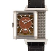 A RARE GENTLEMAN'S SIZE STAINLESS STEEL JAEGER LECOULTRE ATELIER REVERSO DUOFACE TRAVEL TIME WRIST