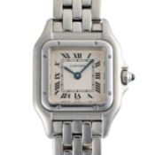 A LADIES STAINLESS STEEL CARTIER PANTHERE BRACELET WATCH CIRCA 1990s, REF. 1320 WITH CARTIER BOX &
