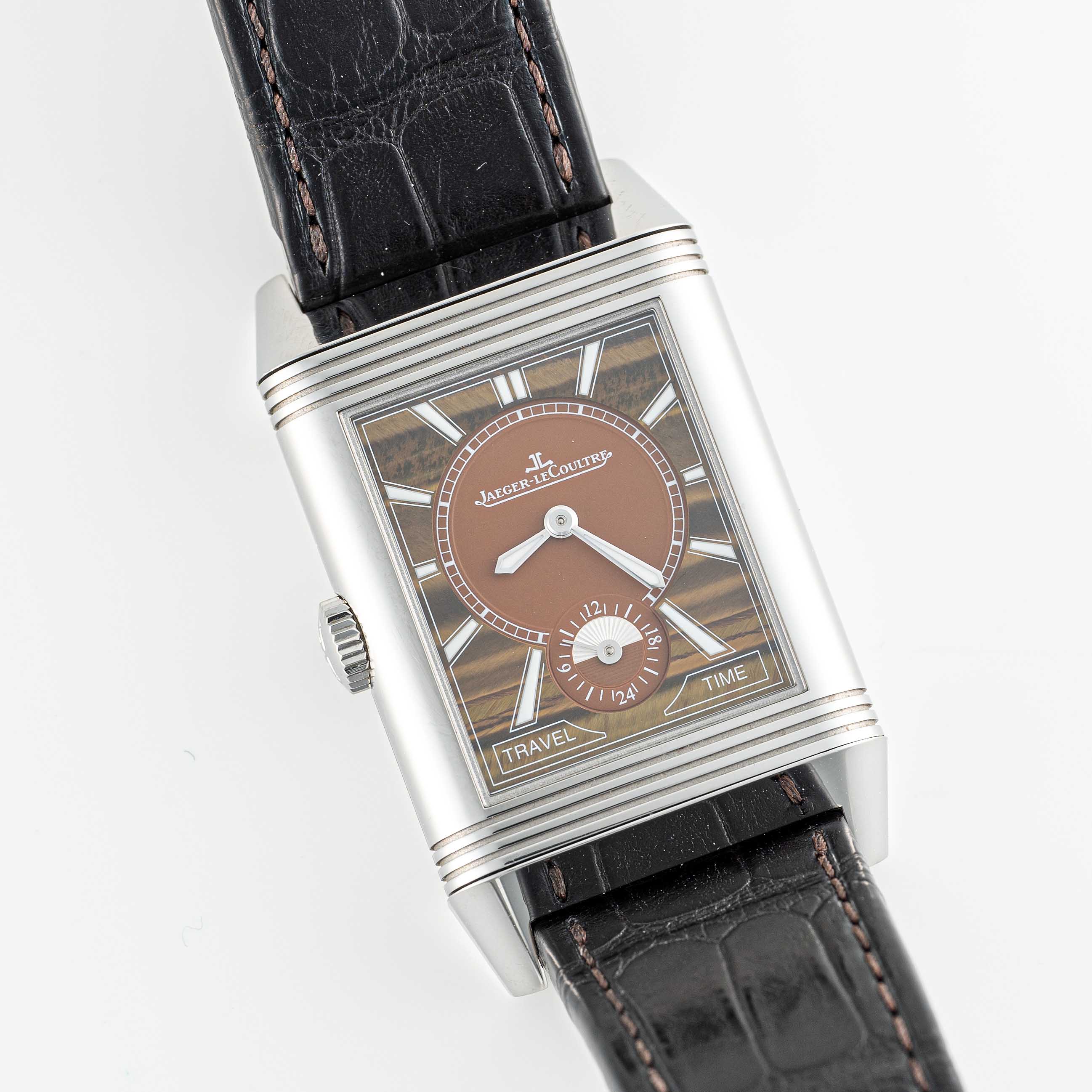 A RARE GENTLEMAN'S SIZE STAINLESS STEEL JAEGER LECOULTRE ATELIER REVERSO DUOFACE TRAVEL TIME WRIST - Image 10 of 12