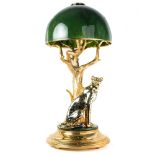 A FINE AND IMPRESSIVE GILT METAL, DIAMOND & AGATE LAMP DEPICTING A CHEETAH SITTING UNDER A TREE