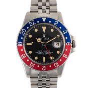 A GENTLEMAN'S SIZE STAINLESS STEEL ROLEX OYSTER PERPETUAL DATE GMT MASTER "PEPSI" BRACELET WATCH
