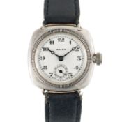 A GENTLEMAN'S SIZE SOLID SILVER ROLEX OYSTER CUSHION WRIST WATCH CIRCA 1930, WITH WHITE ENAMEL