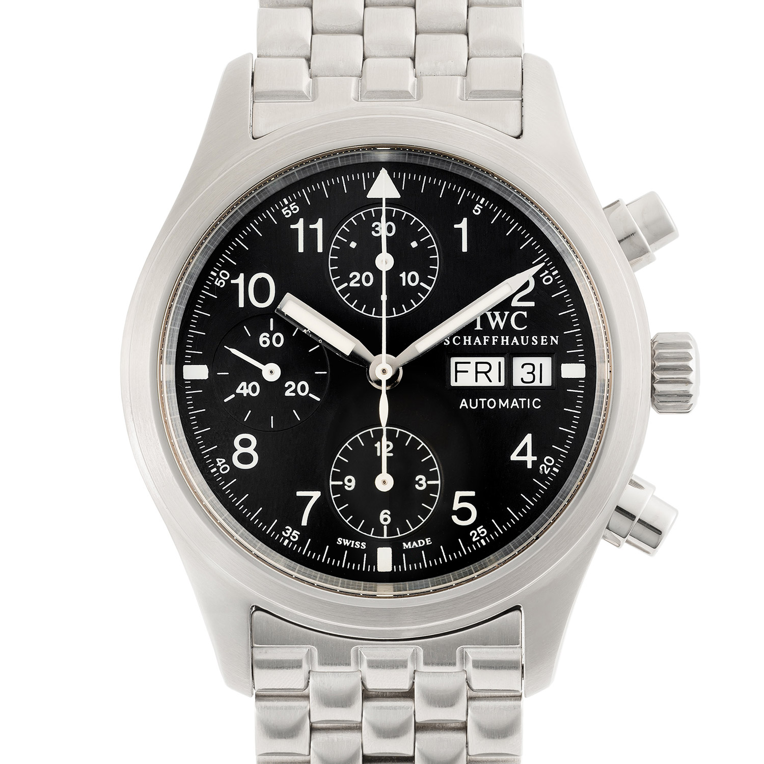 A GENTLEMAN'S SIZE STAINLESS STEEL IWC FLIEGER CHRONOGRAPH BRACELET WATCH DATED 2004, REF.