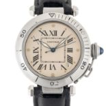 A GENTLEMAN'S SIZE STAINLESS STEEL CARTIER PASHA AUTOMATIC DATE WRIST WATCH CIRCA 1995, REF. 1030
