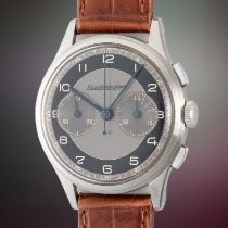 A RARE GENTLEMAN'S SIZE STAINLESS STEEL EXCELSIOR PARK CHRONOGRAPH WRIST WATCH CIRCA 1950s WITH GREY