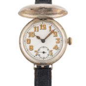 A GENTLEMAN'S SIZE SOLID SILVER ROLEX FULL HUNTER OFFICERS WRIST WATCH CIRCA 1916, WITH WHITE ENAMEL