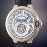 A FINE GENTLEMAN'S LARGE SIZE 18K WHITE GOLD CARTIER BALLON BLEU FLYING TOURBILLON WRIST WATCH CIRCA