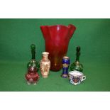 Group of china and glass to include: large crackleware vase, pair of green glass decanters,
