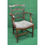 Mahogany open elbow chair having pierced back rails supported by moulded uprights and sweeping