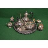 Oneida silver plated five piece teaset to comprise: two teapots, sugar bowl, jug and tray together