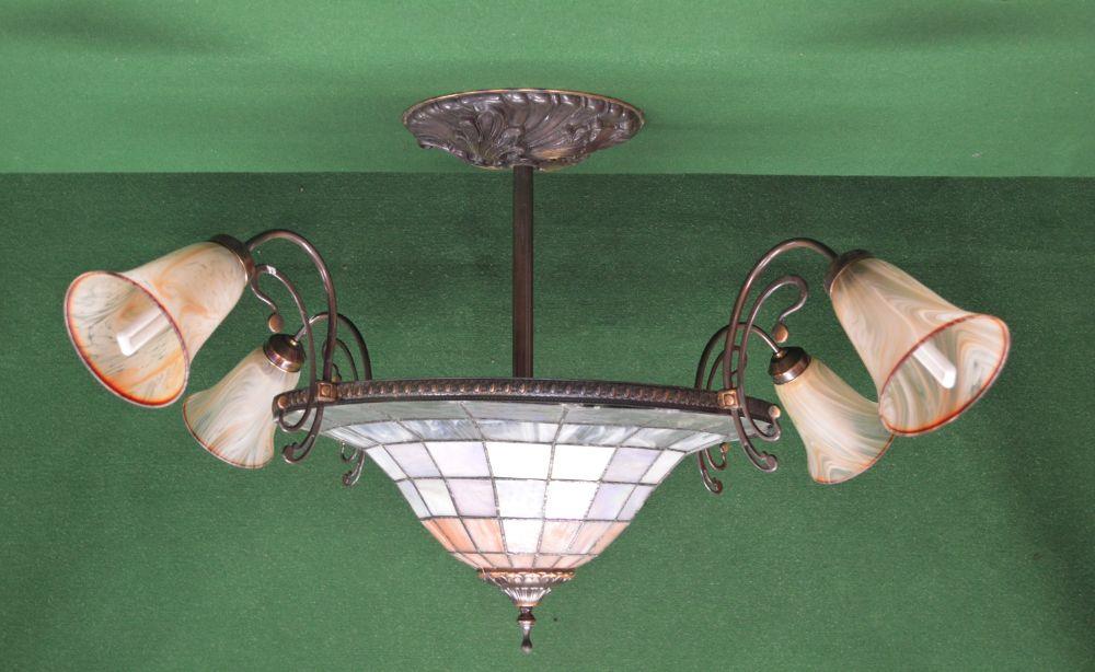 20th century Tiffany style Art Nouveau light fitting having circular iridescent shade with four