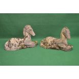 Pair of late 20th century weathered statues of recumbent horses - 16.5" tall Please note