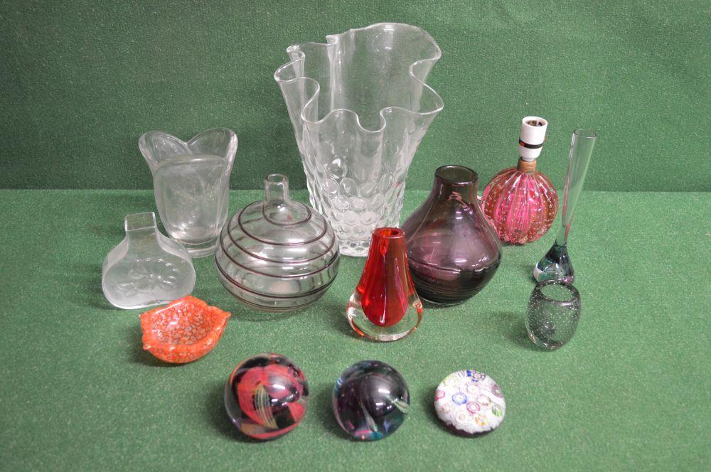 Group of glassware to include: Perthshire paperweight, two Caithness paperweights, bulbous table