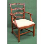 Mahogany open elbow chair having pierced back rails supported by moulded uprights and sweeping