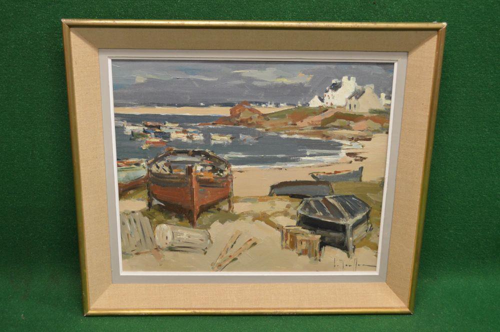 Jean-Louis Le Toullec, late 1960's/early 1970's oil on canvas of fishing boats on shoreline,