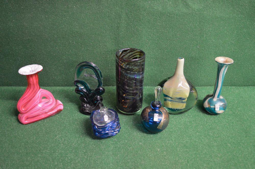 Group of seven Mdina glass pieces to include: End Of Day paperweight, four vases, scent bottle and