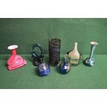 Group of seven Mdina glass pieces to include: End Of Day paperweight, four vases, scent bottle and
