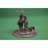 EG Zimermann iron figure of a cat and dog under an umbrella, standing on an oval base - 6" tall