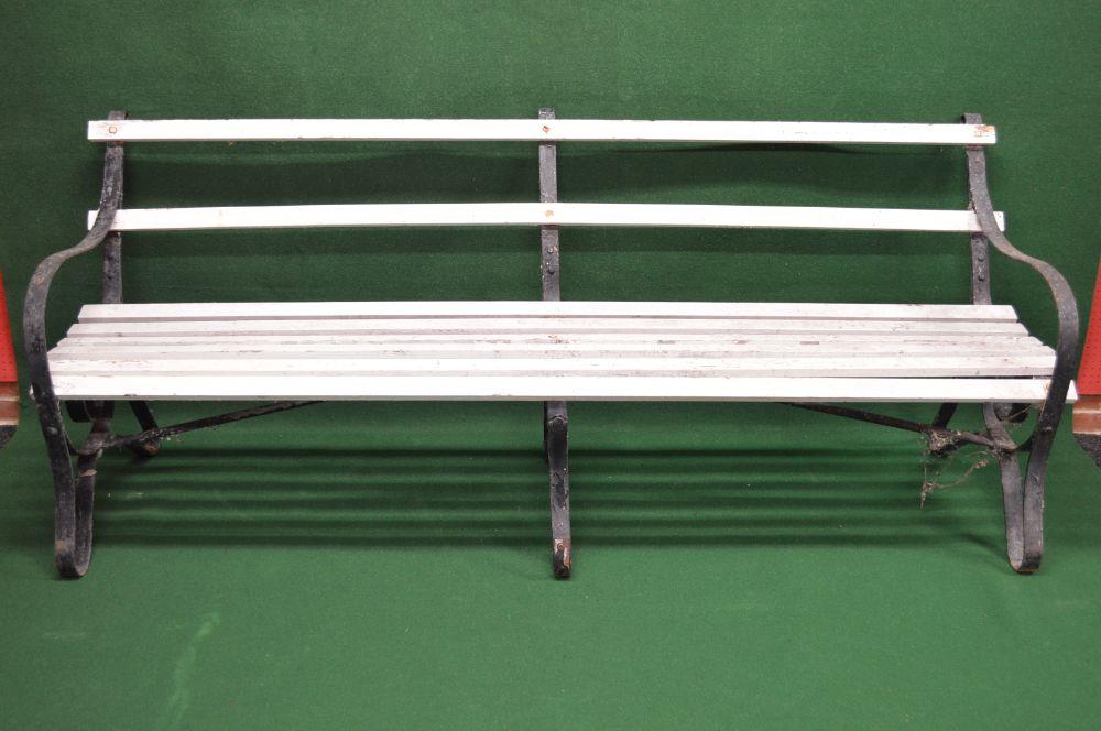 Victorian metal scrolled garden bench having wooden white painted slats - 83" long Please note